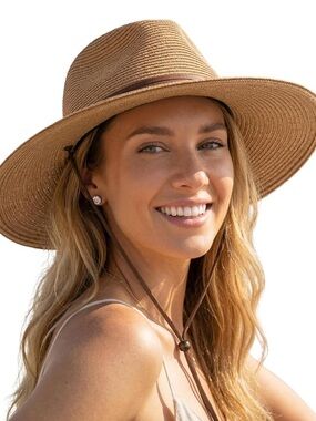 Brand New Wide Brim Straw Sun Hat with Brown Band - Tan